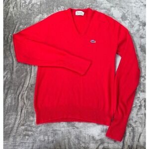 Vintage Izod Lacoste V-Neck Sweater Red Mens Medium Crocodile Logo Preppy Raglan